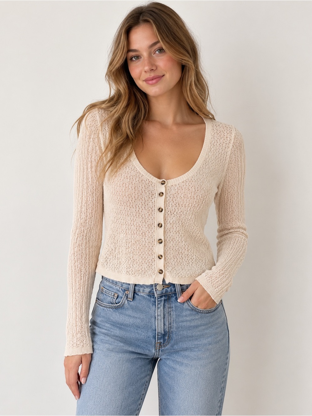 Free People Beige Button-Front Scoop Neck Knit Top